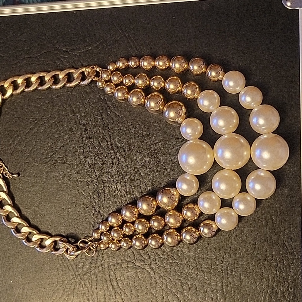 Faux pearl and gold bead statement necklace